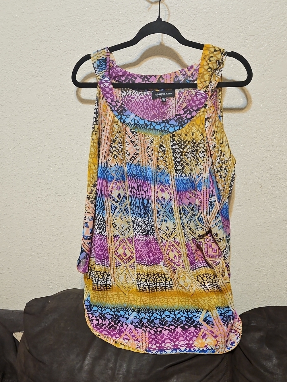 Mystique Aura Multicolor Geometric Cold Shoulder Blouse Yellow, Pink & Blue